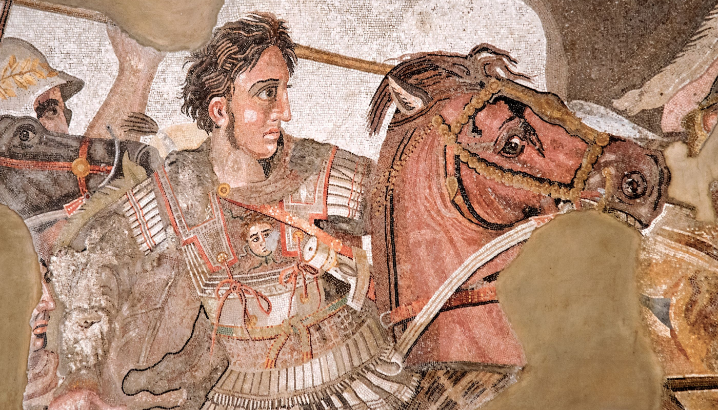 Alexander the Great leading his forces at the Battle of Issus in a mosaic depiction from the 2nd century BCE. 